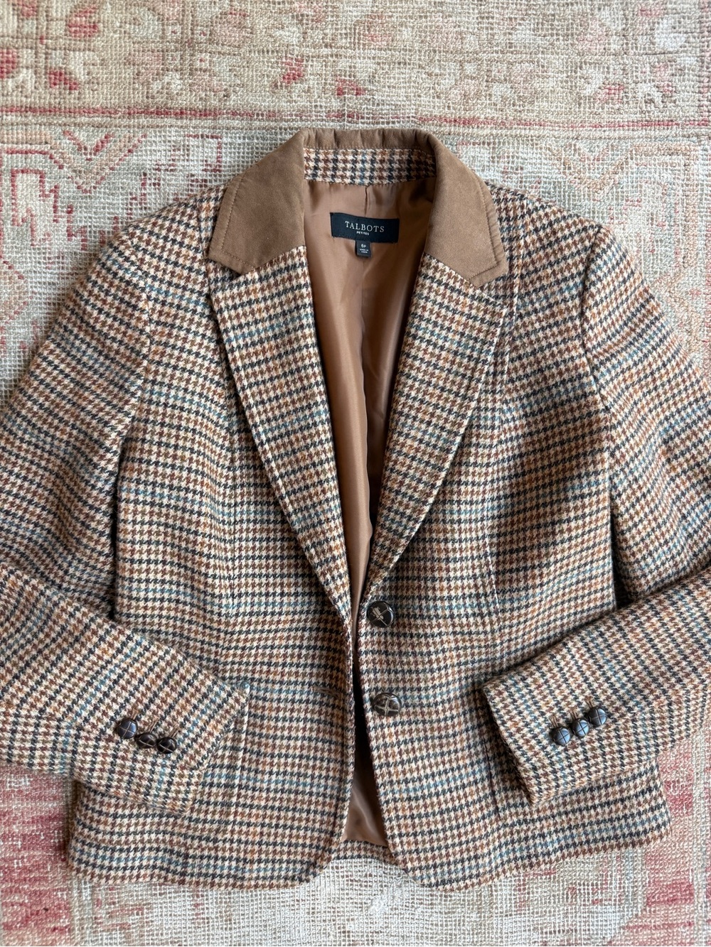 Fall preppy Cottagecore Brown and Tan Houndstooth Blazer with Corduroy Collar